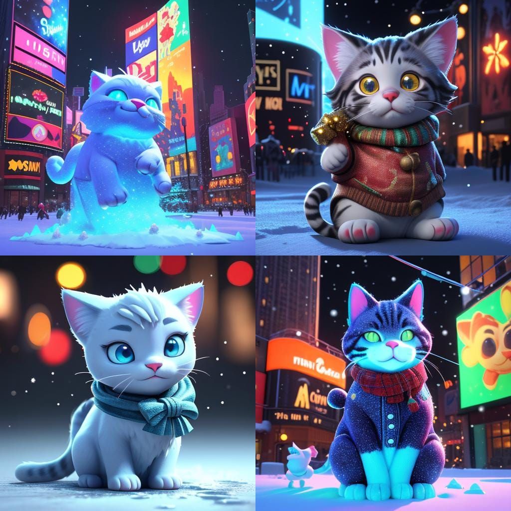 Festive Cat in Snowy Times Square: 3D Digital Art
