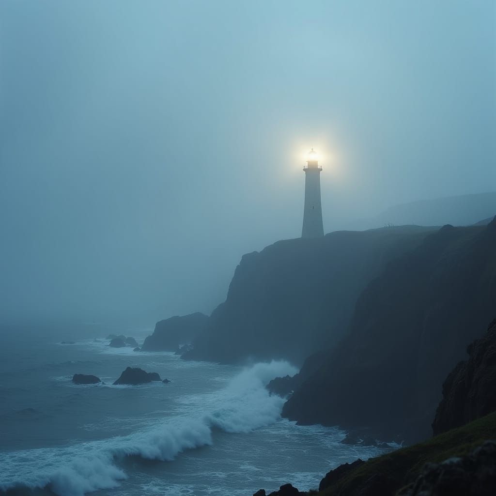 Hyperrealistic Lighthouse Pierces Misty Coastline