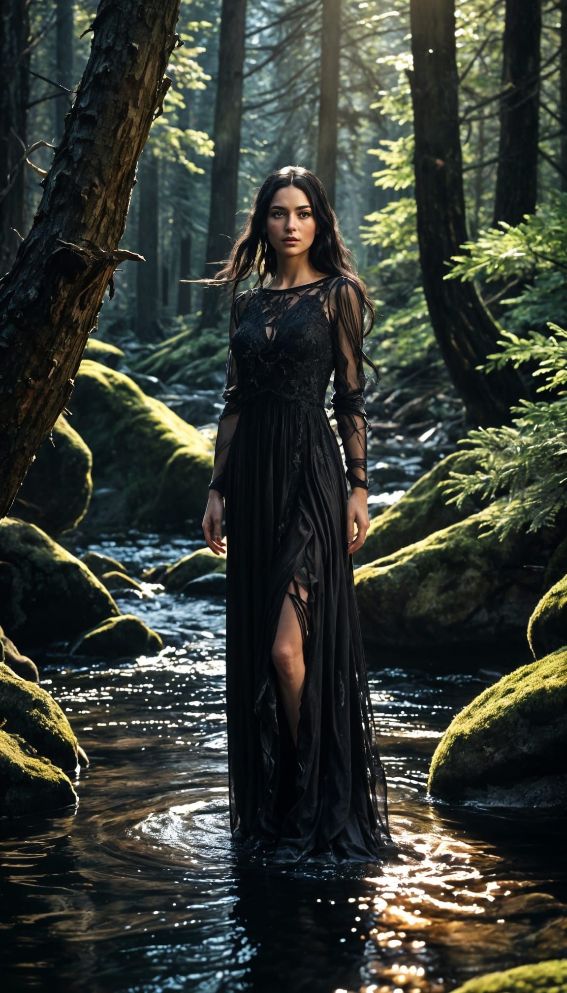 Angelic Woman in Gothic Dress by Forest Creek