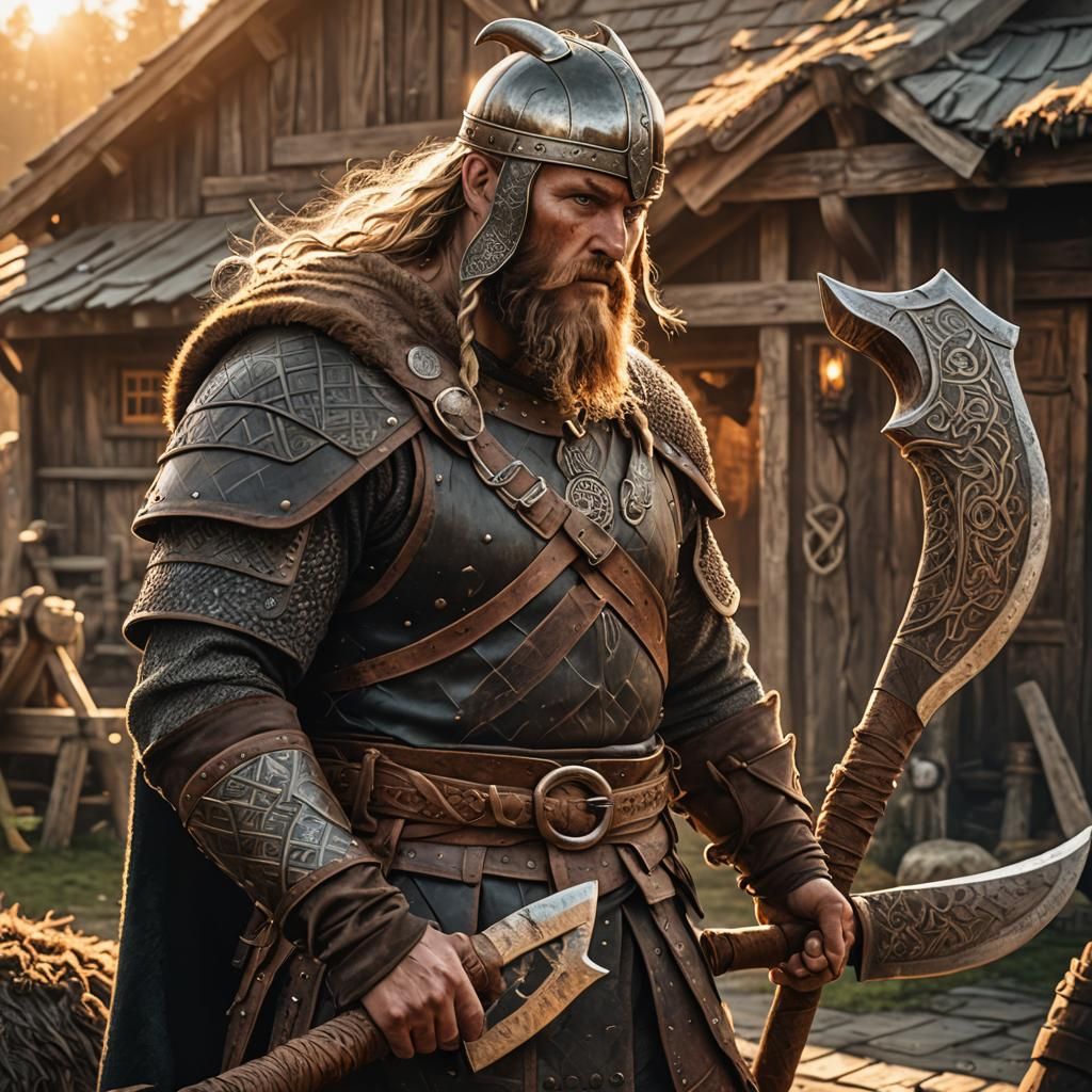 Viking Warrior Ready for Battle in Nordic Village
