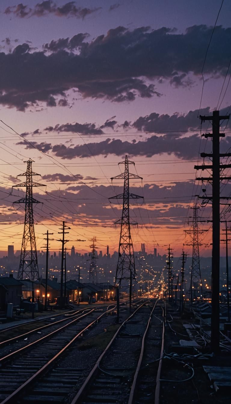 Power Grid at Sunset: A Photorealistic Film Still