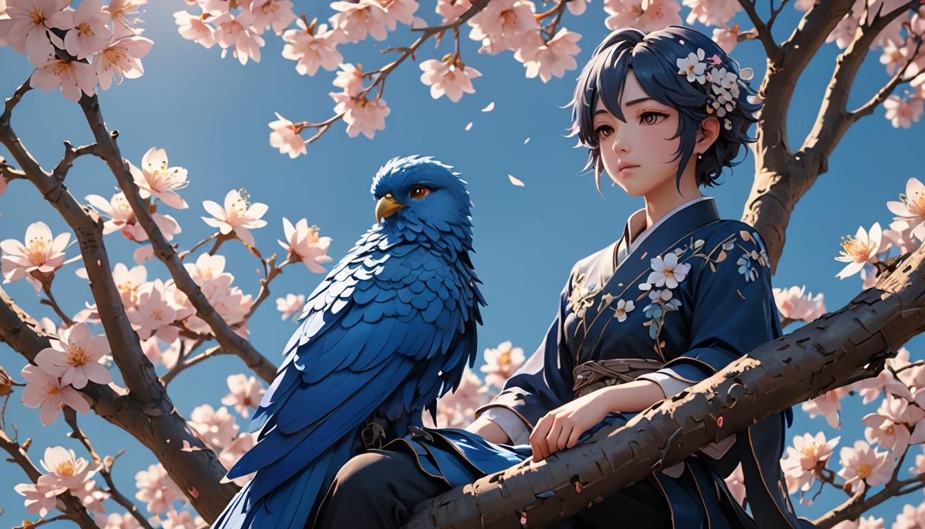 Blue Macaw in Blossoms: Vibrant 3D Anime Art