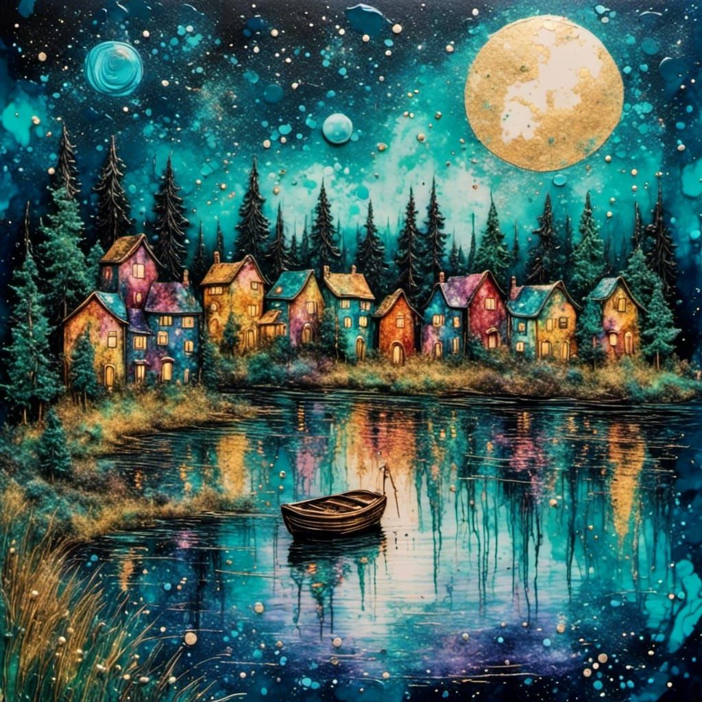 Watercolor Boat on Lake with Fireflies, Abstract Painting