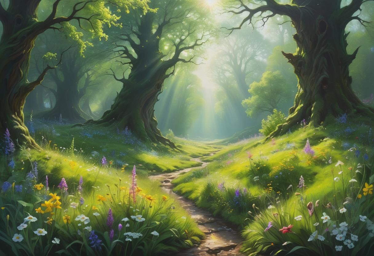 Enchanted Spring Valley Protected by Wizard, Oil Painting