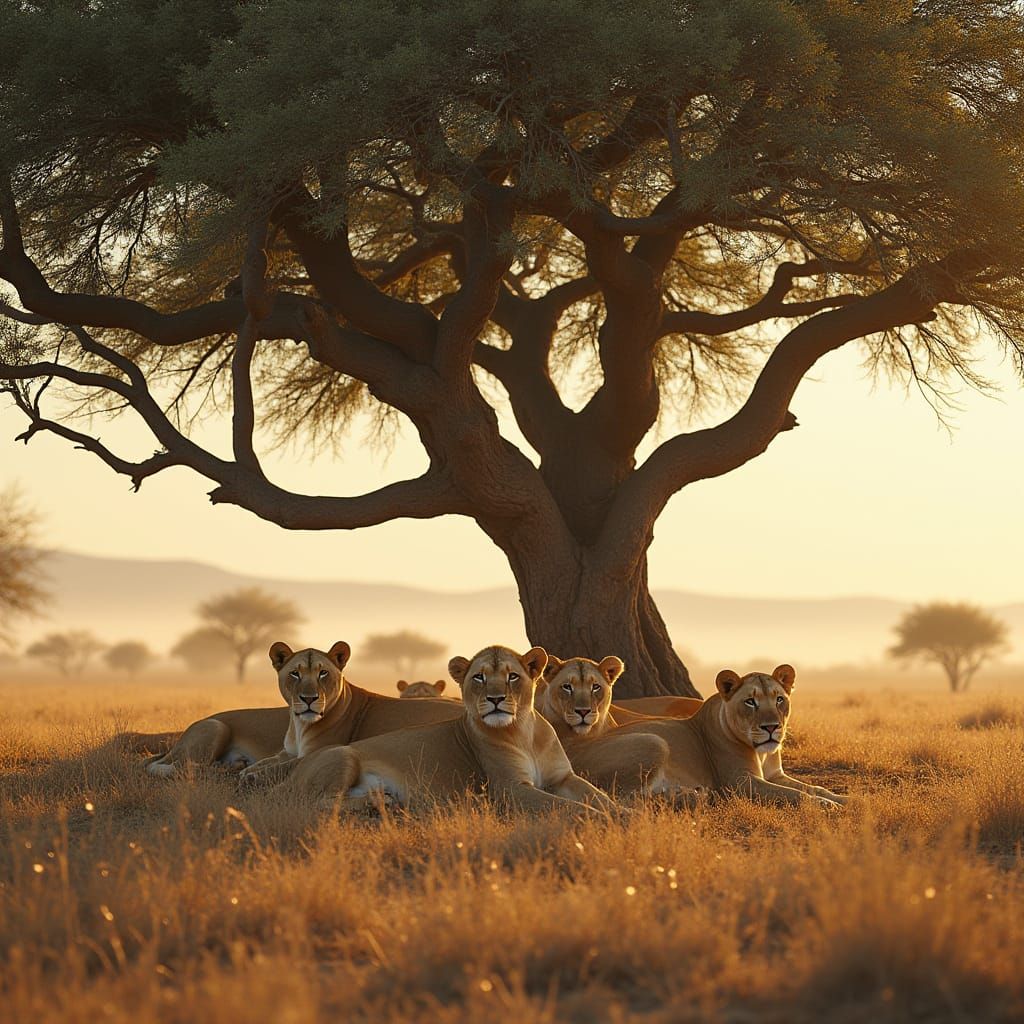 Lions Lounging in Shade: Photorealistic African Scene