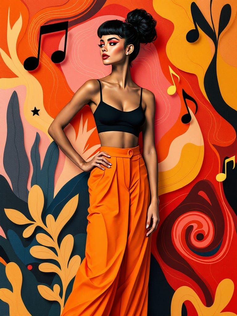 Confident Woman in Vibrant Cut-Paper Collage Style