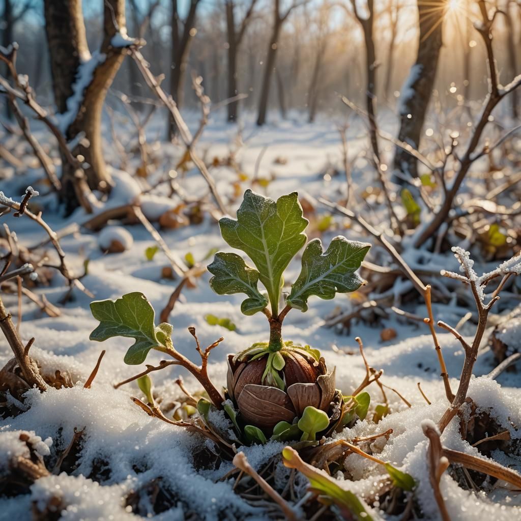 Acorn Sprouts in Snowy Surrealist Landscape
