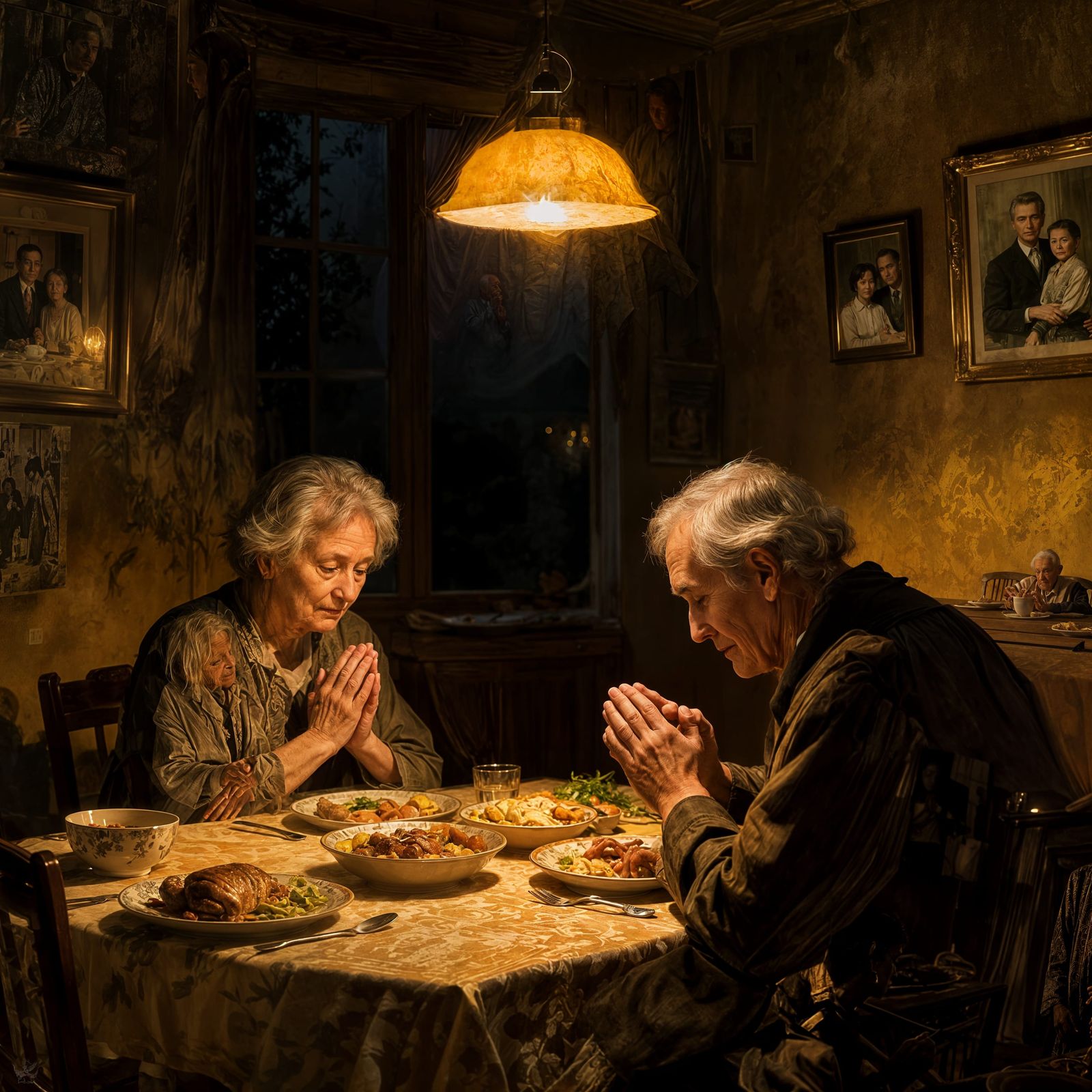 Elderly Couple Praying Over Family Dinner