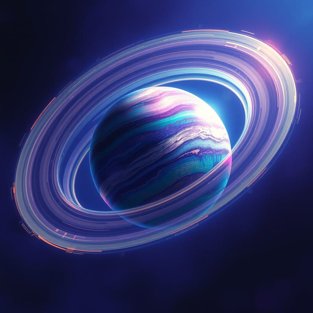 Cosmic Planet with Iridescent Rings in Vibrant, Dreamlike St...