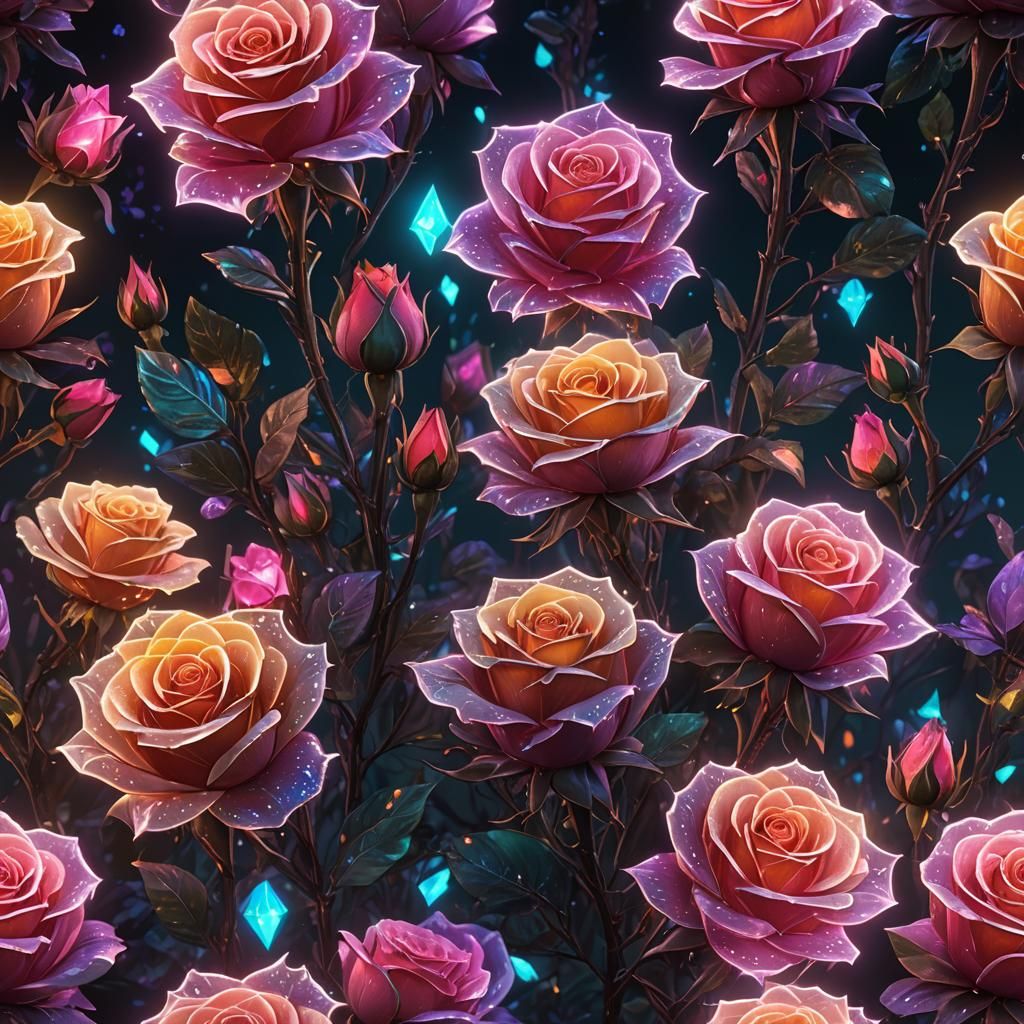 Glowing Neon Crystal Roses in Detailed Matte Painting