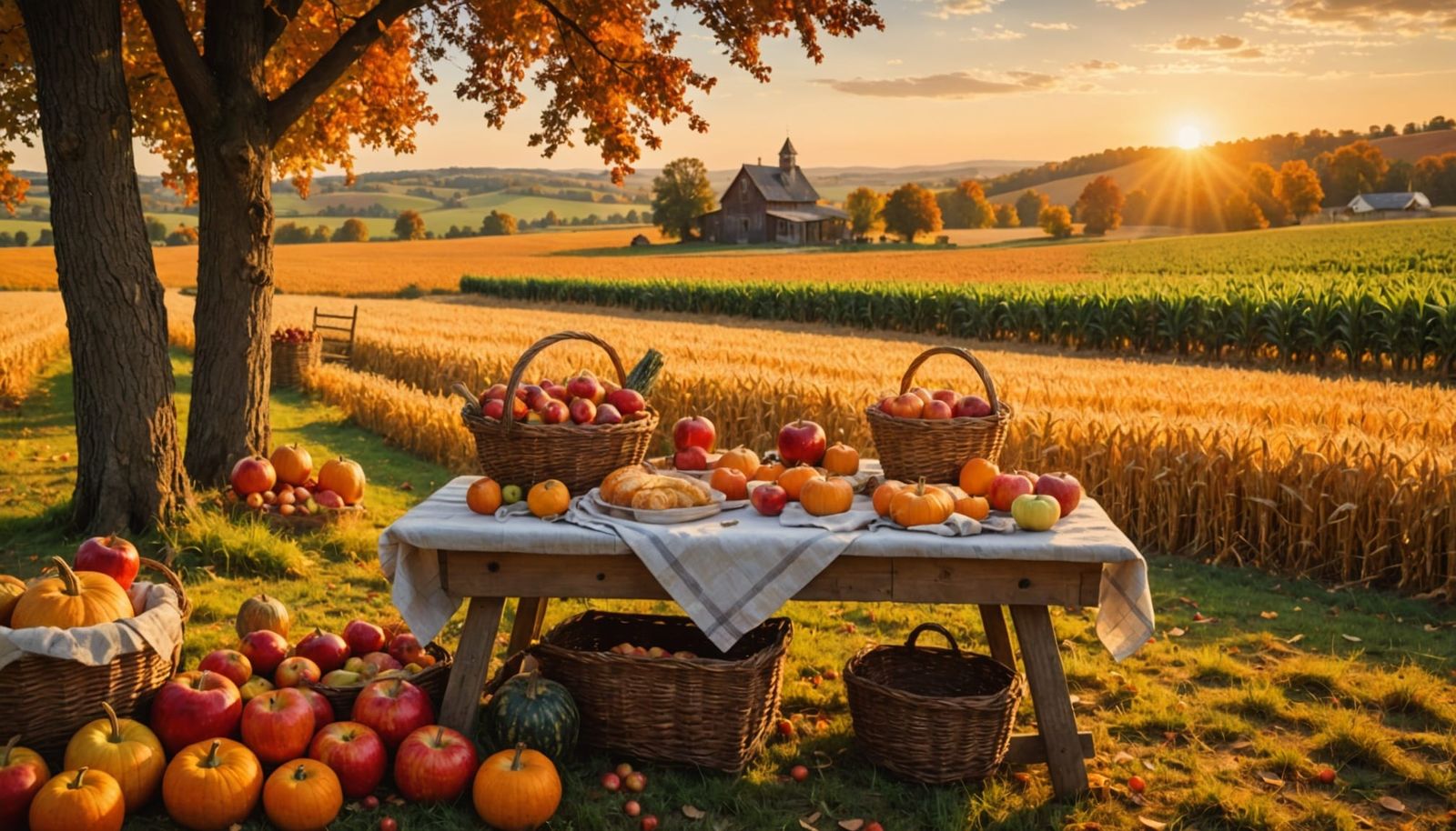 Painterly Autumn Harvest Scene at Sunset