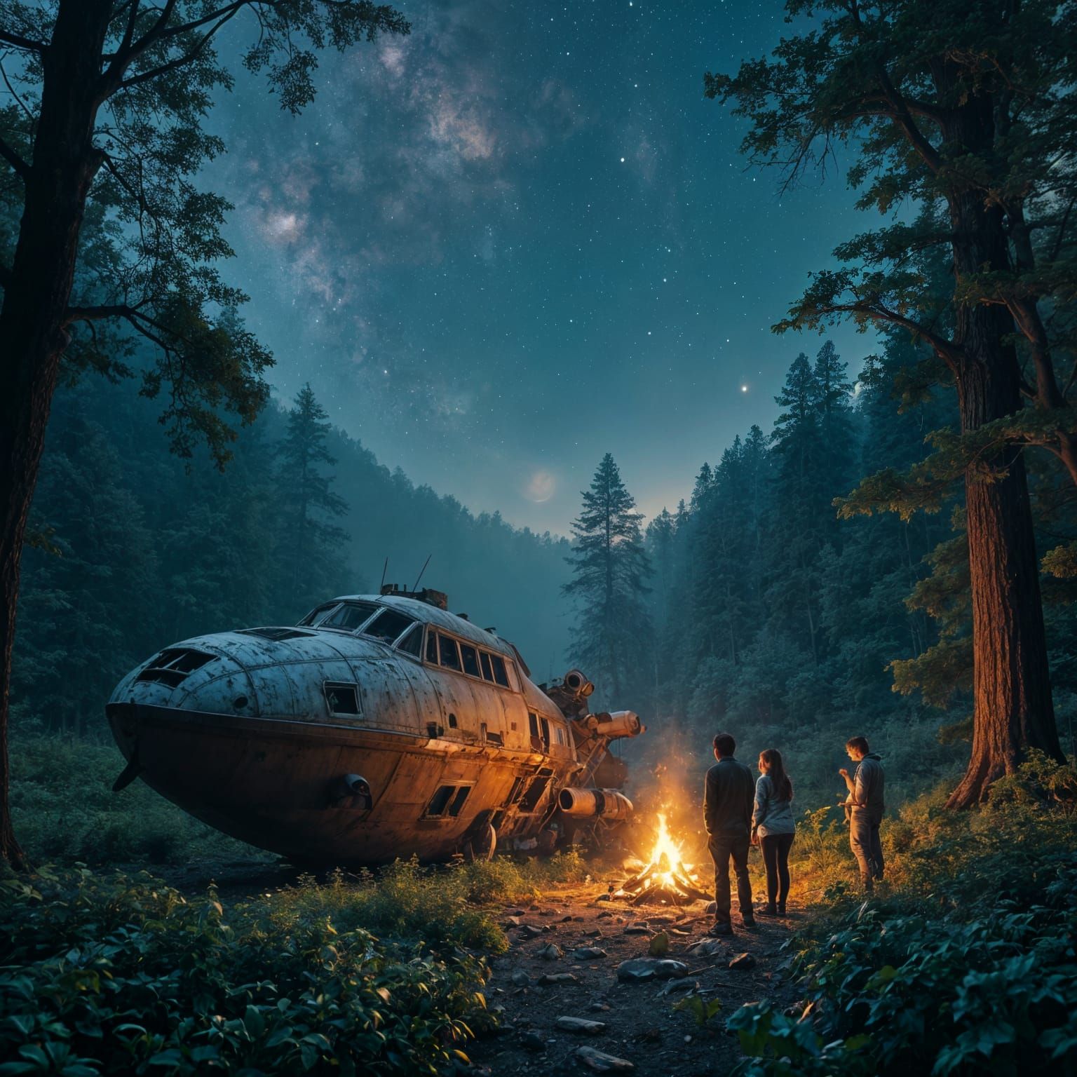 Spacecraft Crash Survivors Gather Around Campfire Under Cosm...