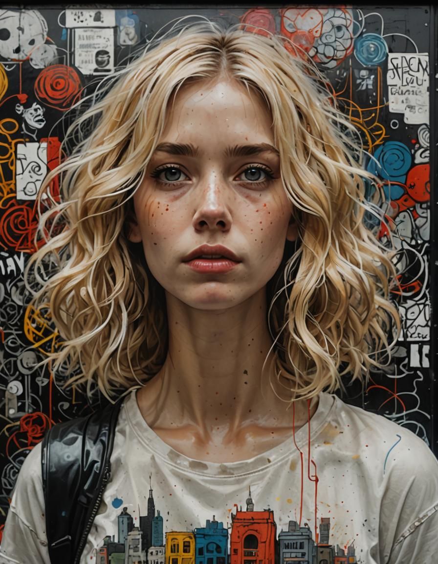 Blonde Woman and Doodle Mural in Hyperrealism
