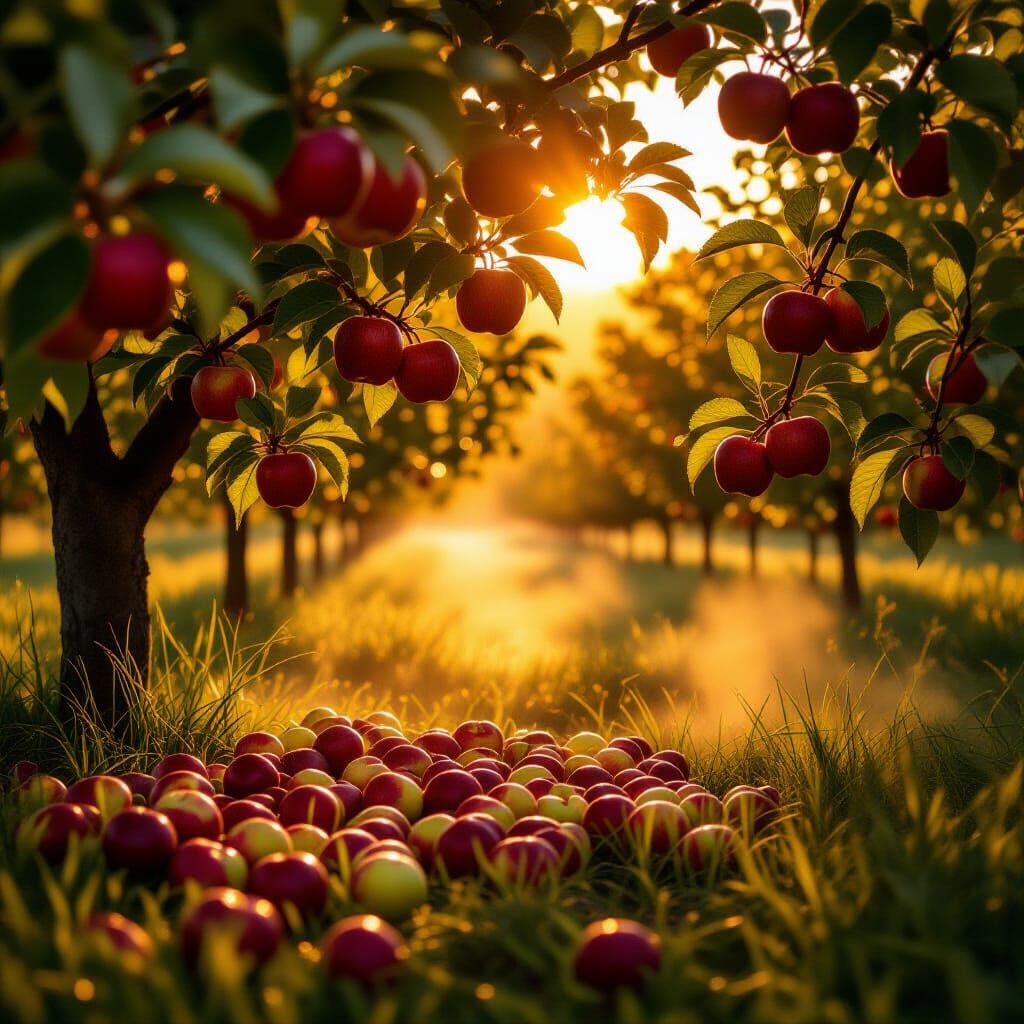 Radiant Apple Orchard at Sunset