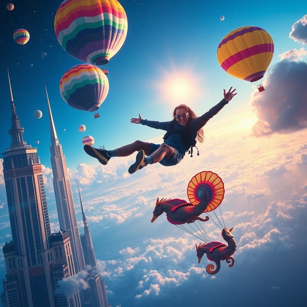 Celestial Skydiver in Surrealist Sky, Digital Art