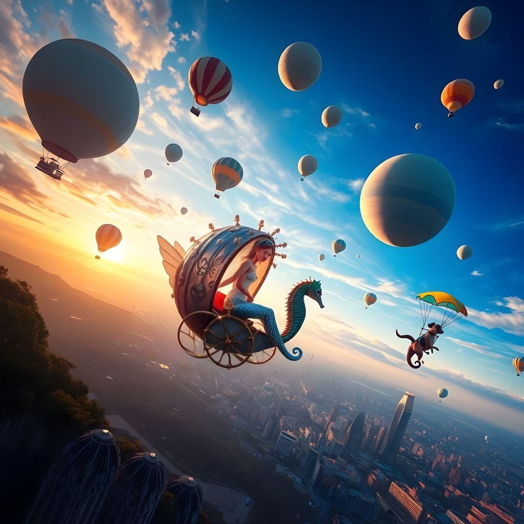 Surreal Skydiving Scene with Planets and Balloons