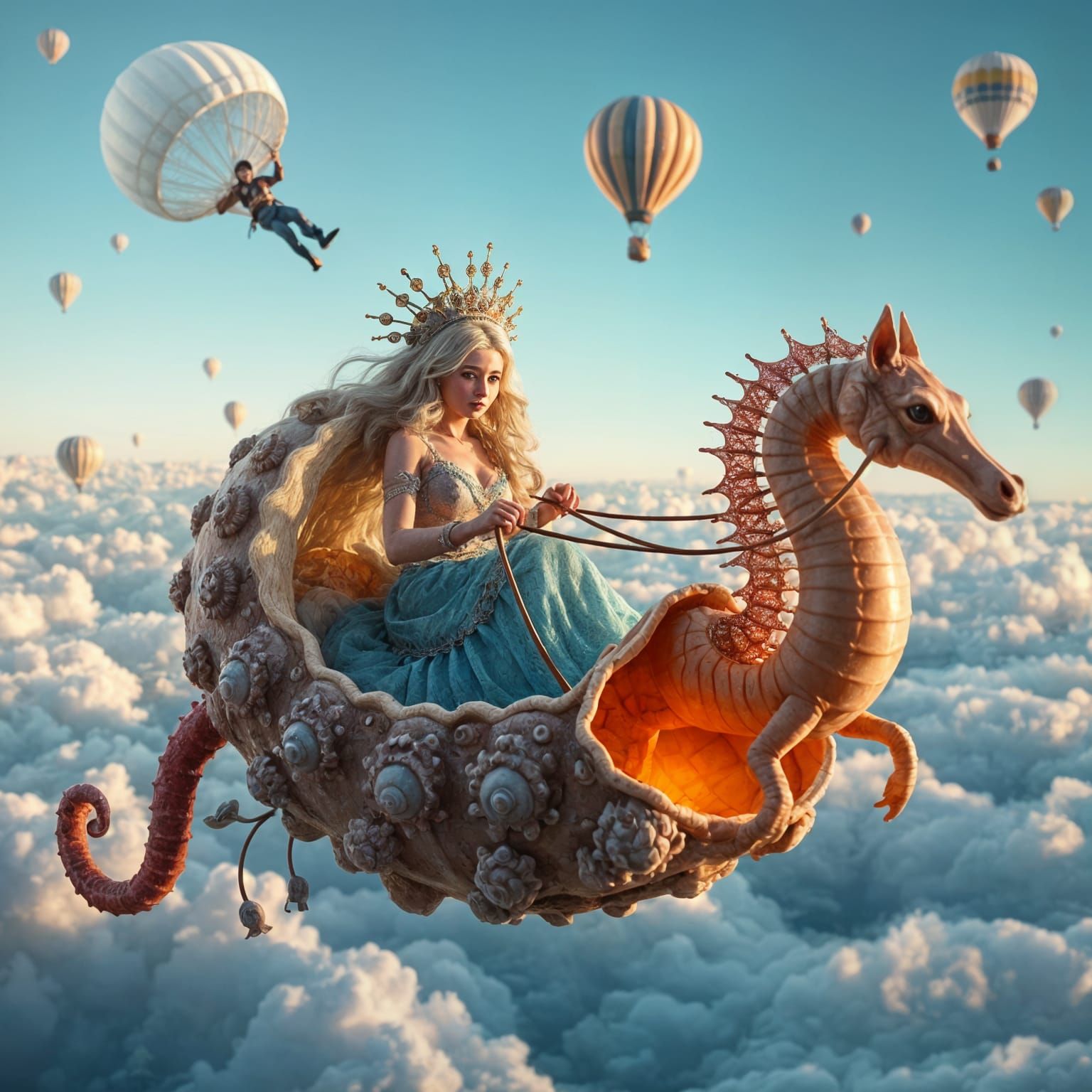 Surreal Skydiving Scene with Planets and Hot Air Balloons