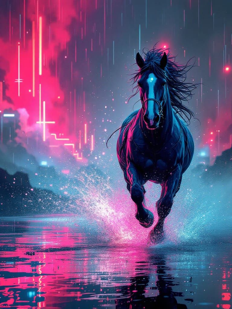 Cyberpunk Horse in Neon Rain
