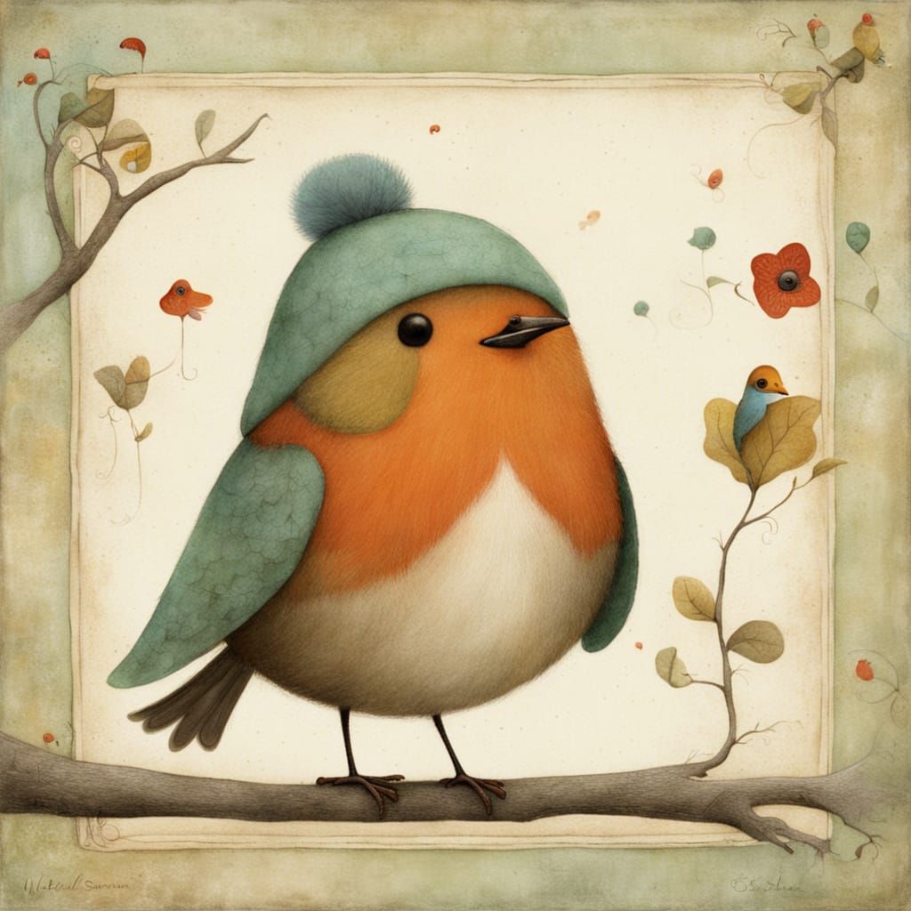 Proud Robin in Whimsical Folk Art Style