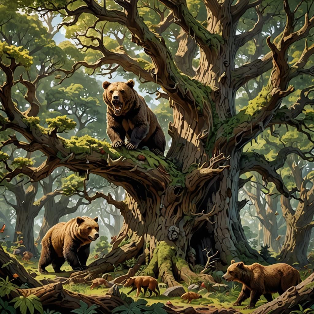 Grizzly Bear Roaring Under Ancient Oak Tree