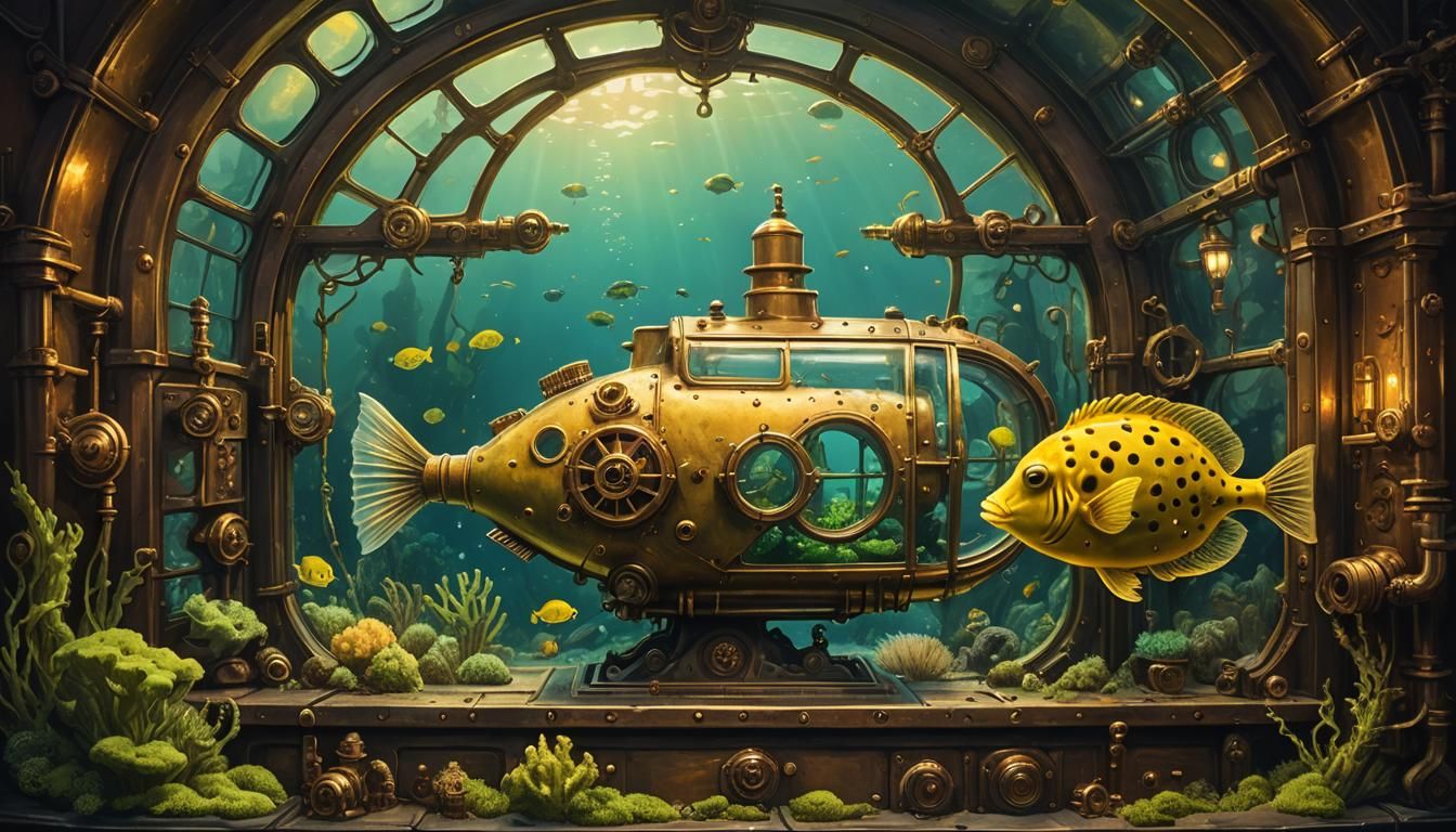 Steampunk Aquarium Scene with Yellow Boxfish in Warm Golden...