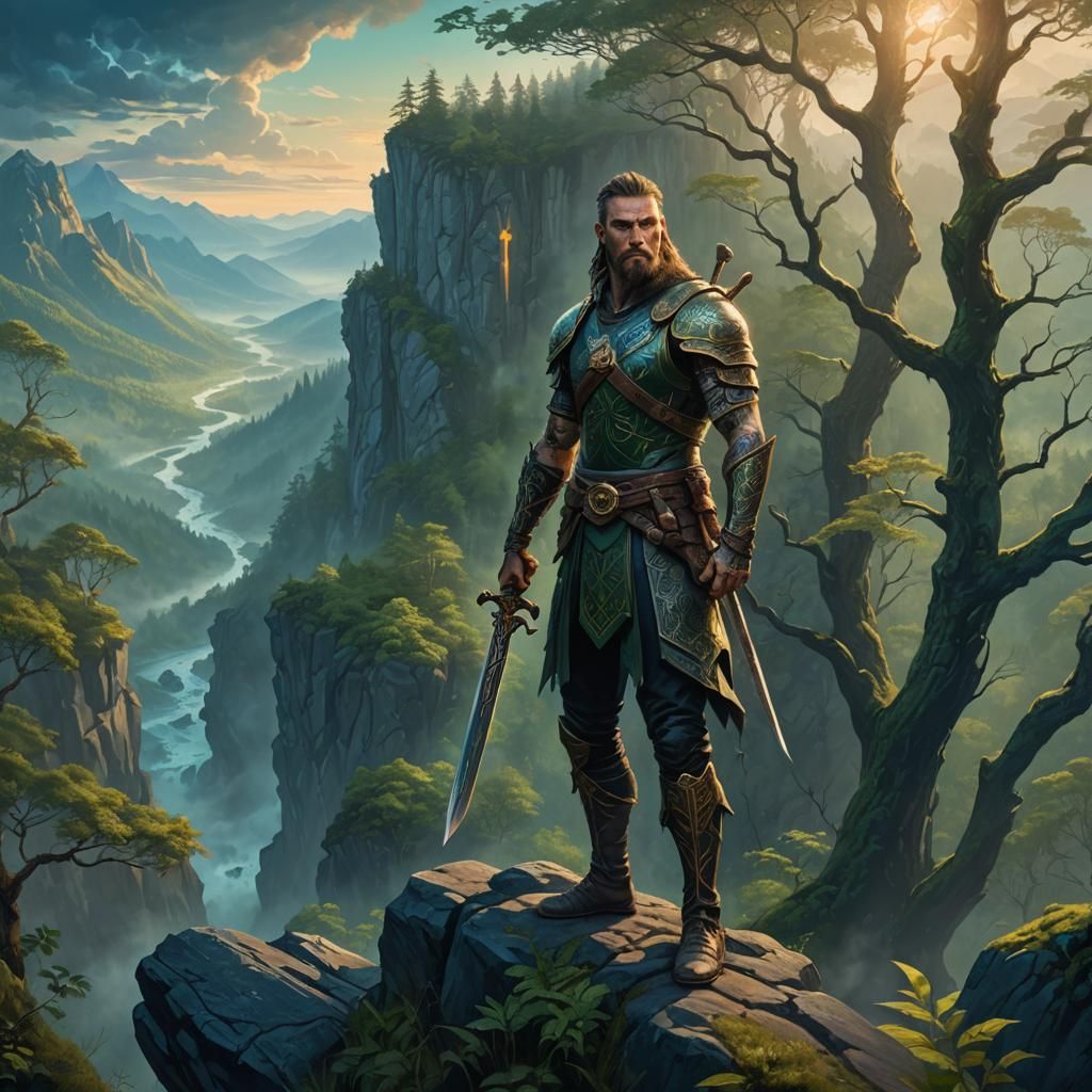 Tattooed Warrior in Mystical Forest: Fantasy Art