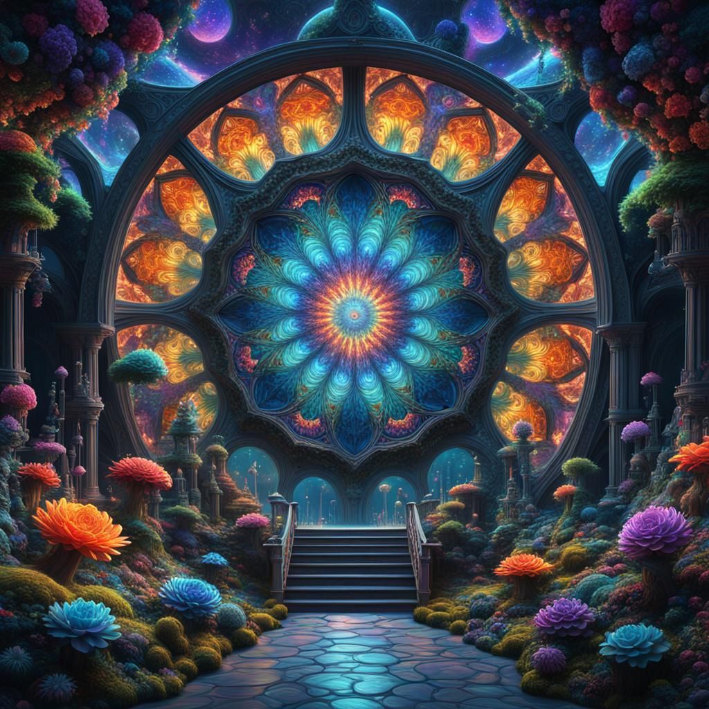 Psychedelic Fractal Kaleidoscope in Ethereal Cosmic Tapestry