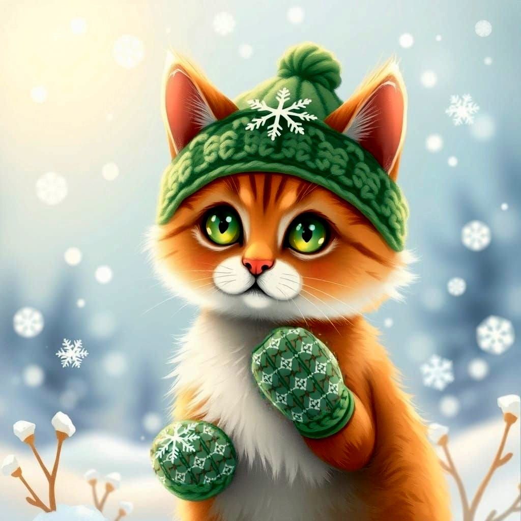Feline Winter Wonderland Scene in Whimsical Style