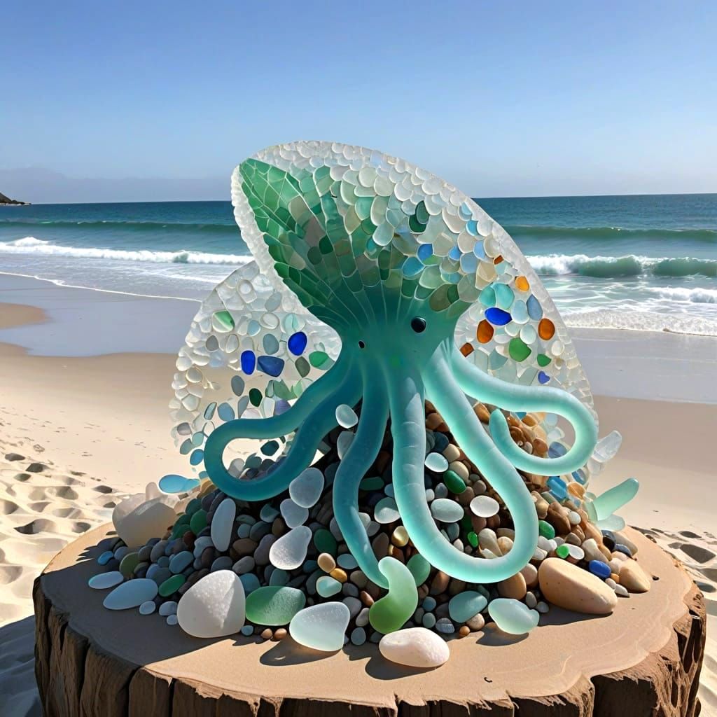 Tropical Beach with Sea Glass Sculptures and Kraken