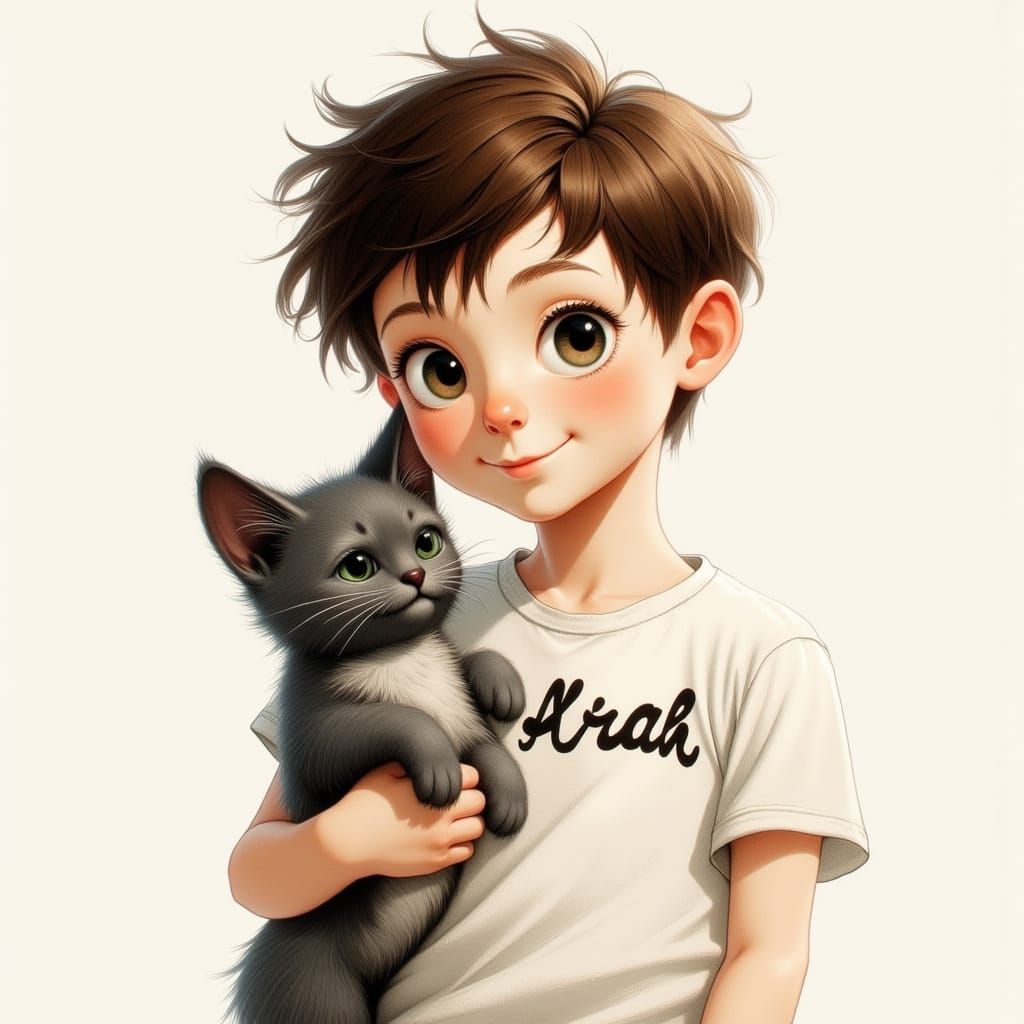 Whimsical Boy and Cat in Dreamy Landscape