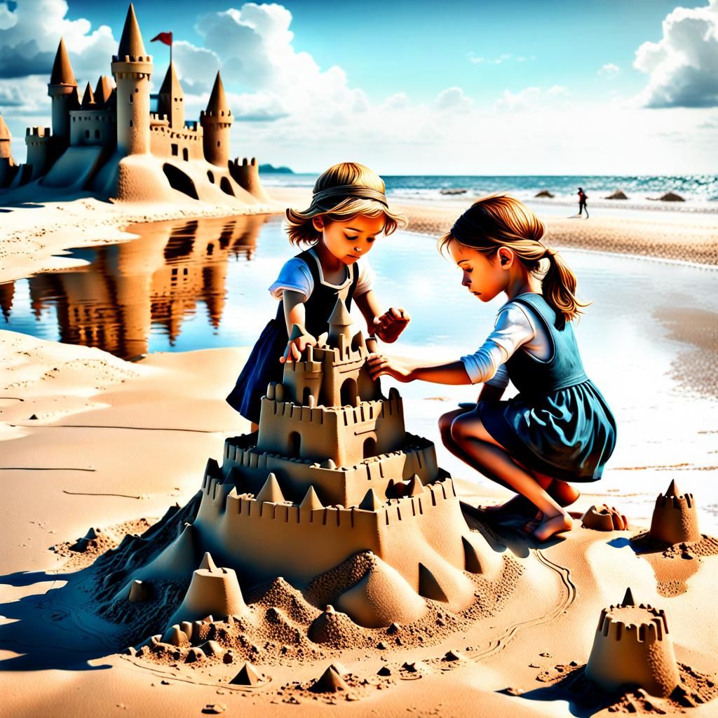 Children Building Sandcastles: Whimsical Folk Art Style