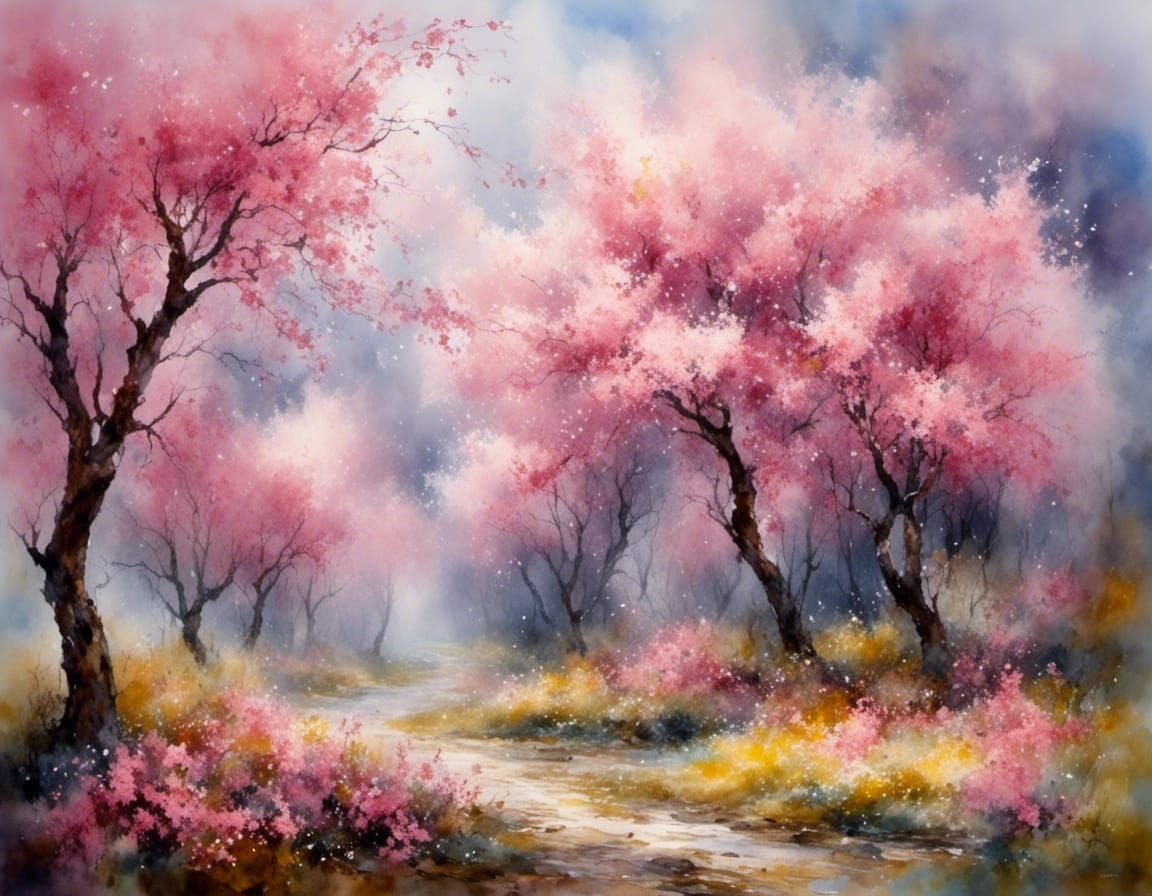 Cherry Trees in Windstorm with Pink Petals