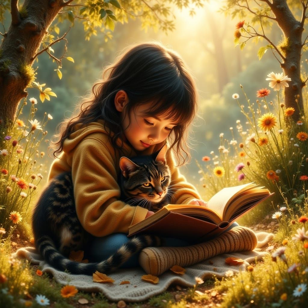 Girl Reading With Cat in Golden Hour Light