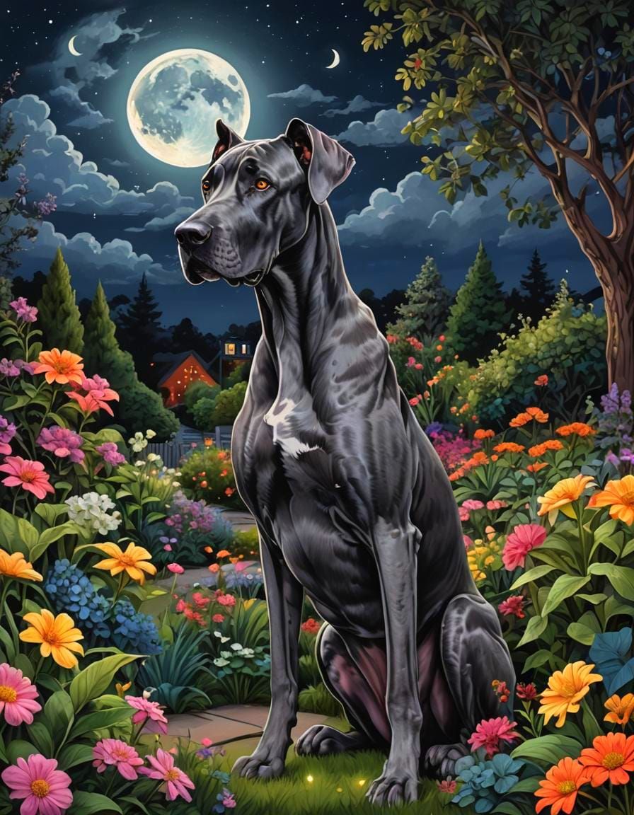 A large Great Dane at night