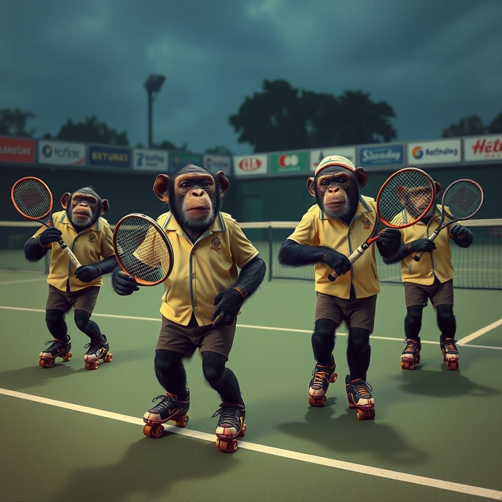 Chimpanzee Tennis Troupe in Hyperrealistic Style