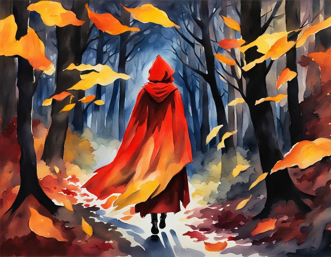 Red Riding Hood in Expressionist Watercolor Autumn Forest