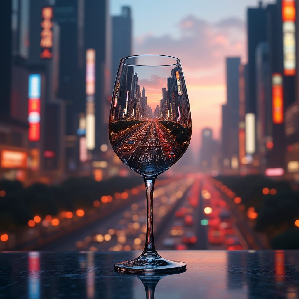 Wine Glass Reflecting Tokyo Cityscape in Photorealistic Styl...