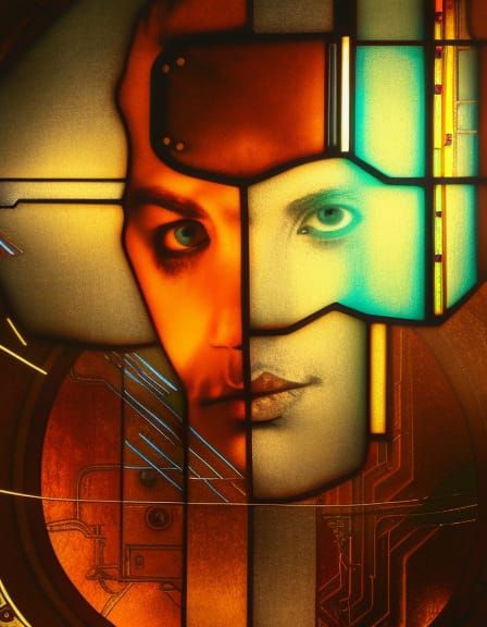 Cyberpunk Man Head in Bauhaus Stained Glass Style