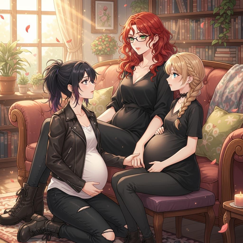 Shoujo Anime Scene: Woman Relaxing with Two Wives