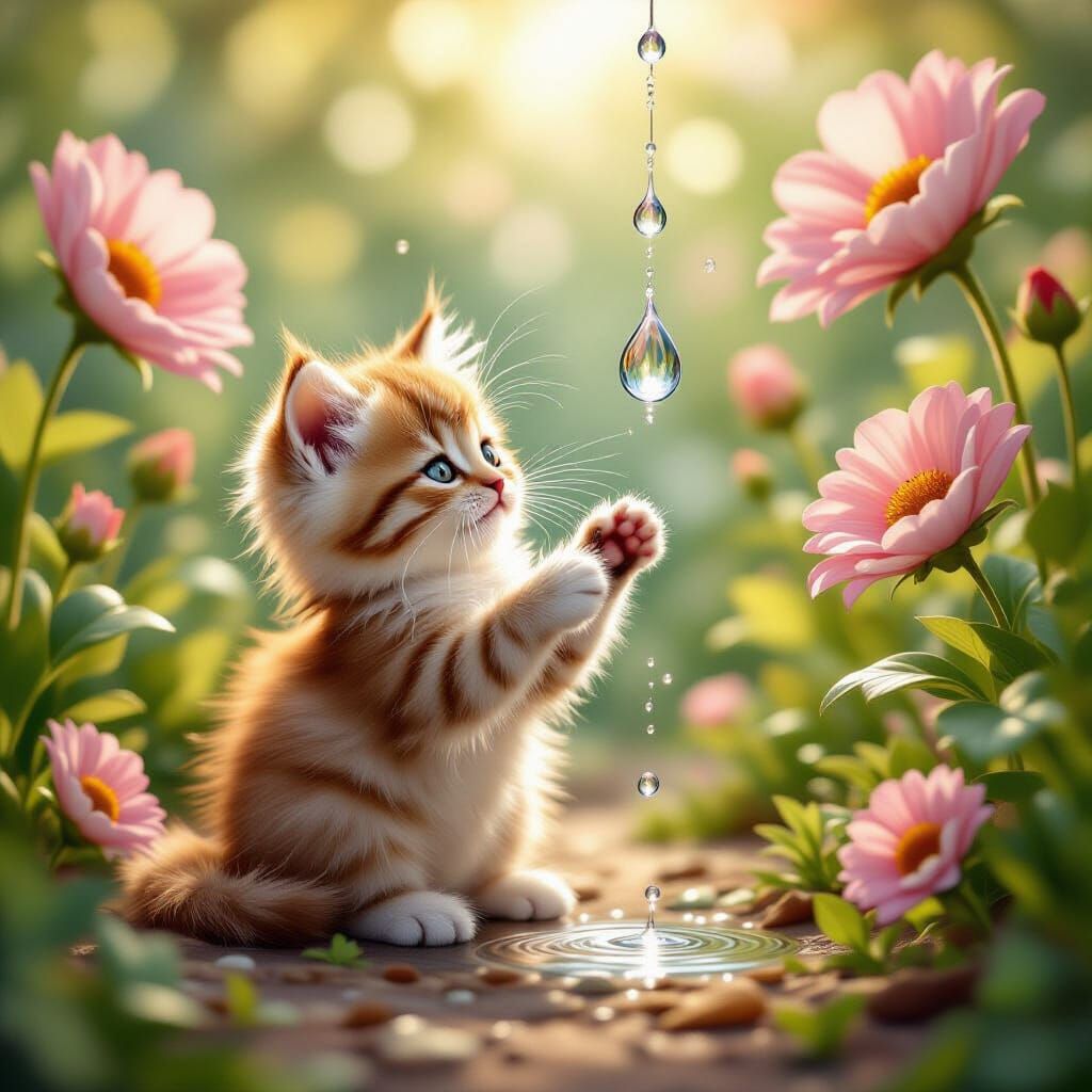 Fluffy Soda Kitten Plays in Whimsical Garden