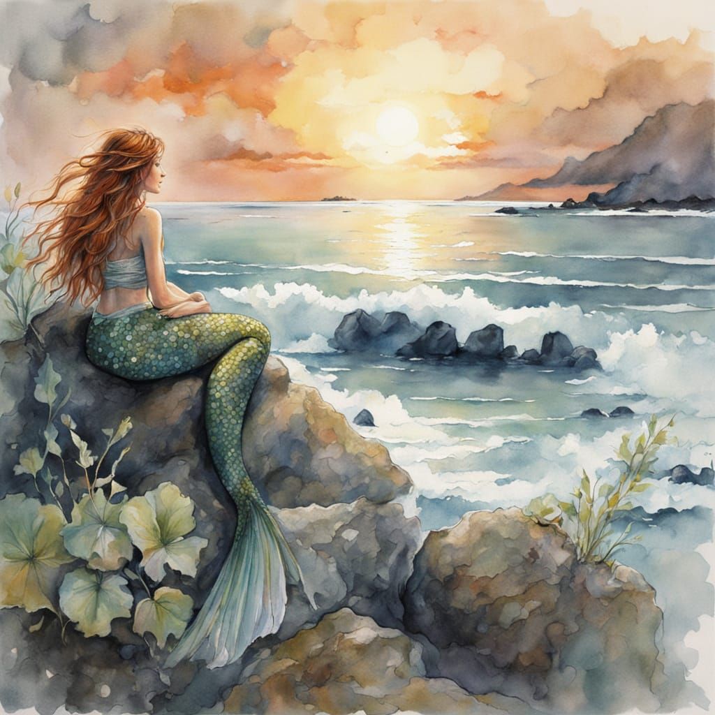 Watercolor Mermaid Gazing at Sunset Ocean