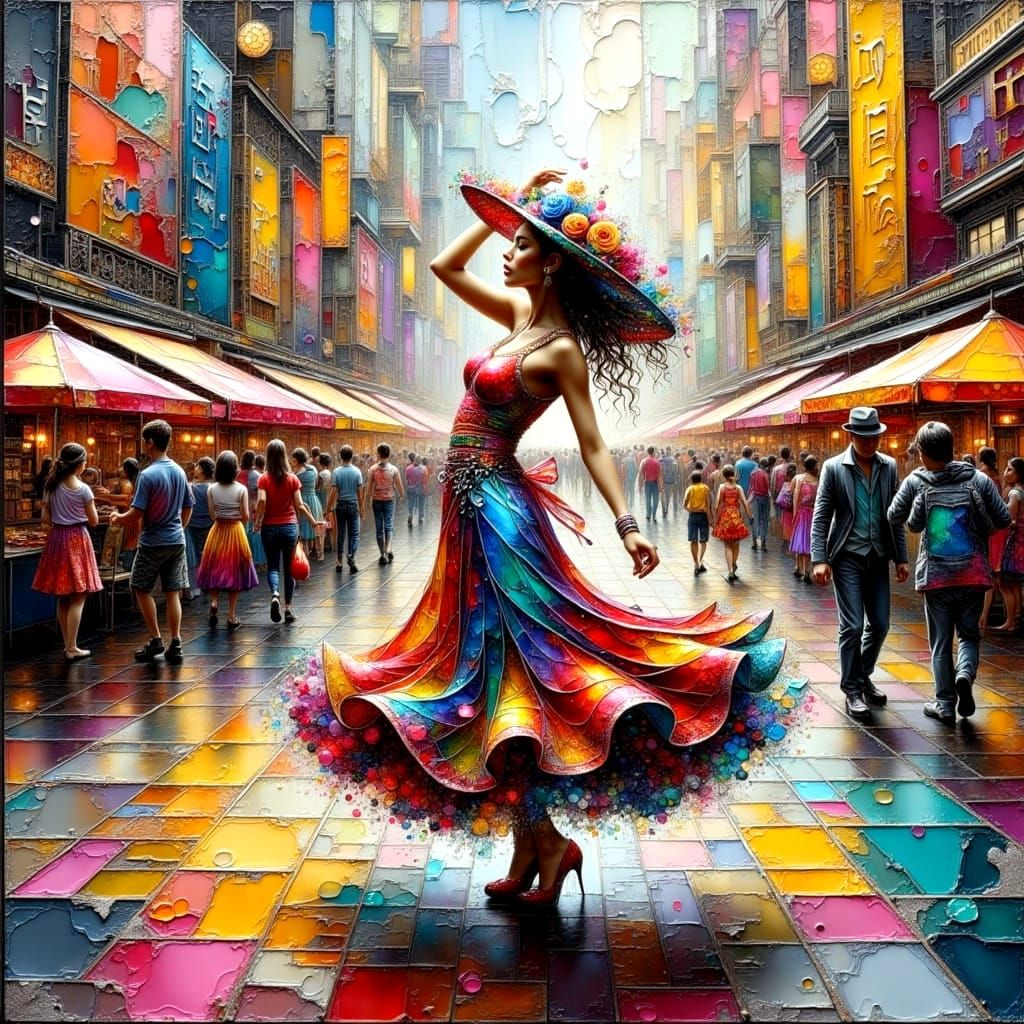 Latin Dancer in Herald Square, Impasto Oil Painting