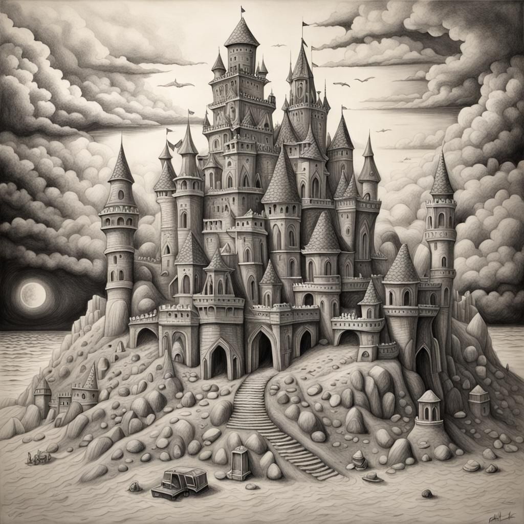 Detailed Pencil Drawing of an Elaborate Sandcastle