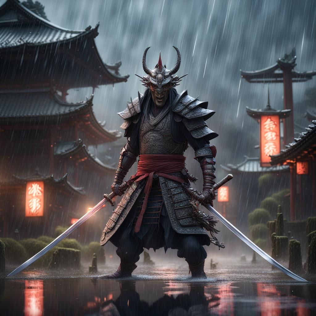 Electric Monster Samurai in Heavy Rain, Fantasy Art