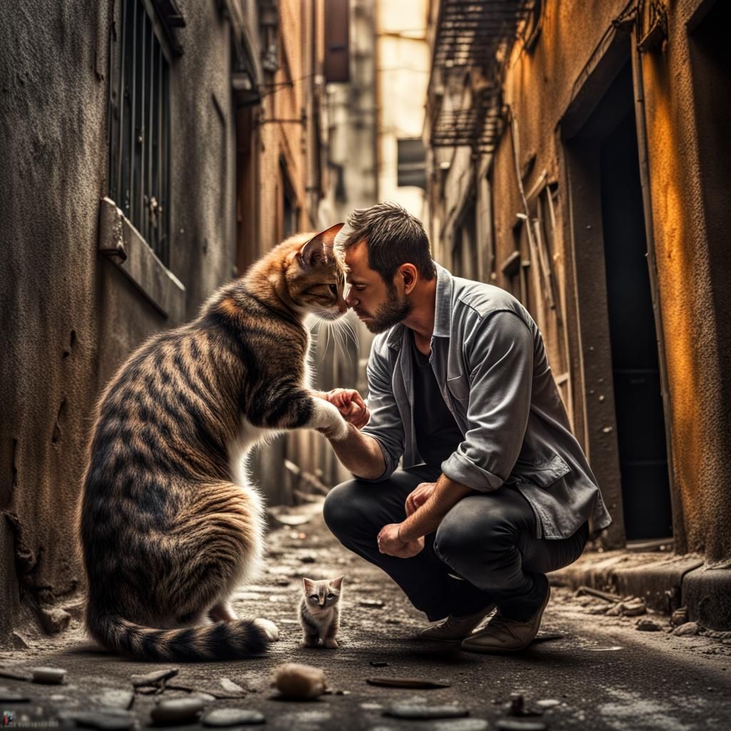 Giant Kitten Being Fed in Fantastical City