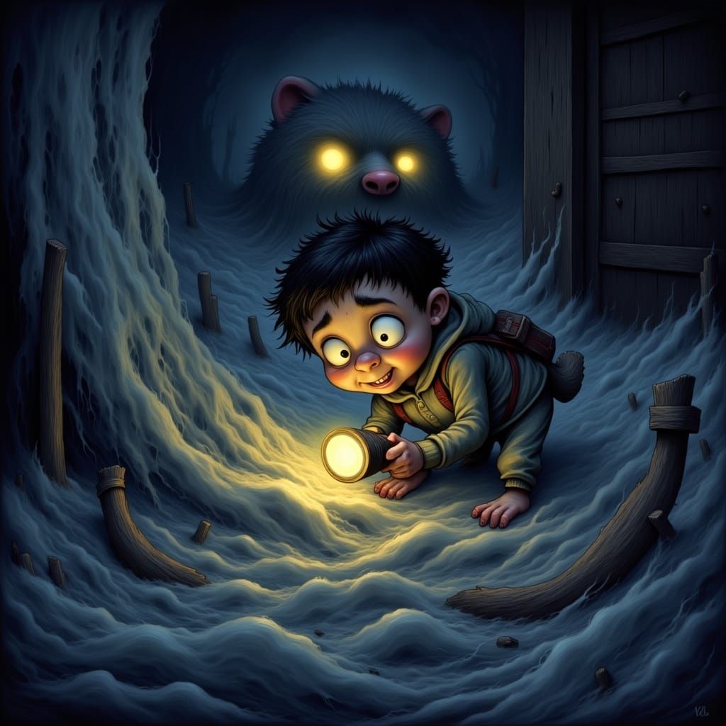 Child Peeks Under Bed at Glowing Monster