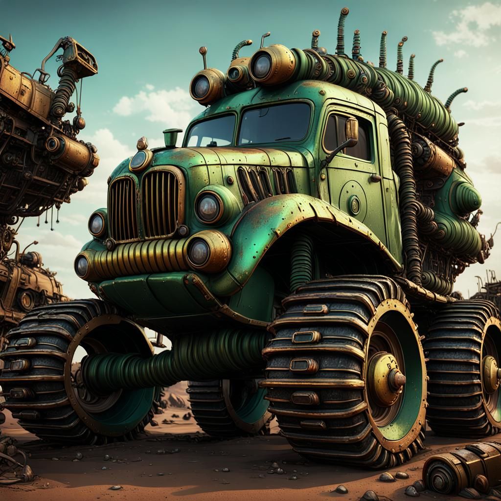 Caterpillar Vehicle with Junkyard Aesthetic in Matte Paintin...