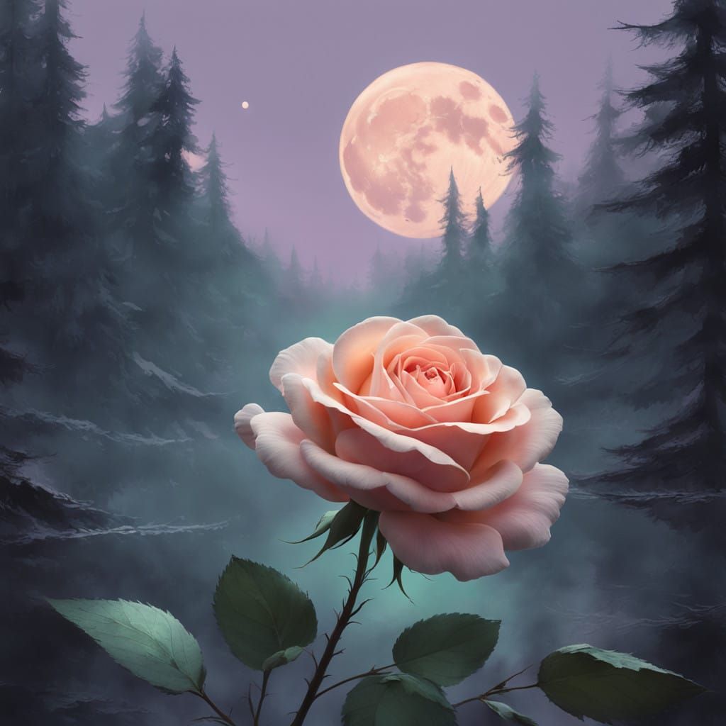 Dreamy Whimsy: Woman Holds a Rose Bud Under a Full Moon