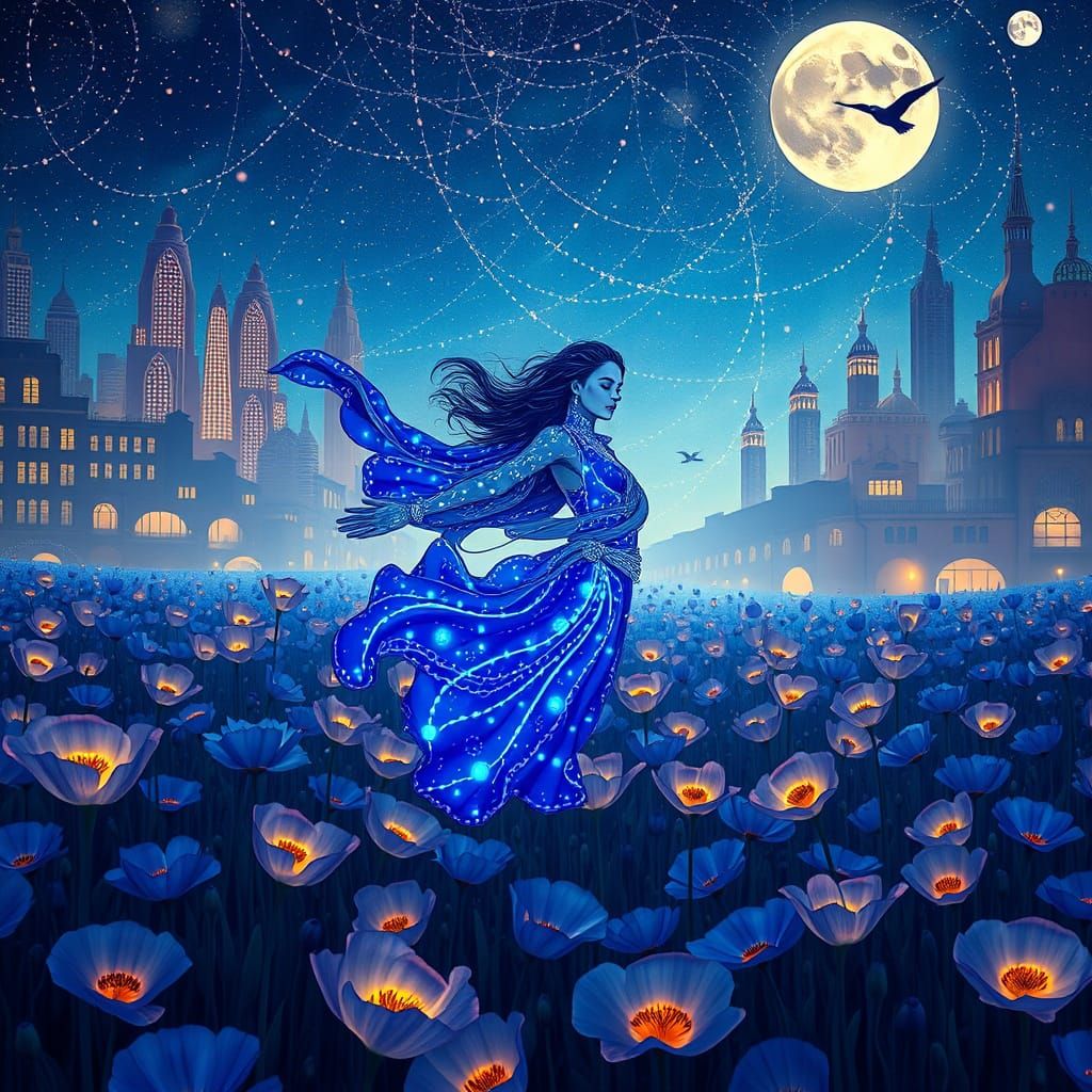 Woman Floating Among Poppies with Kusama Dots