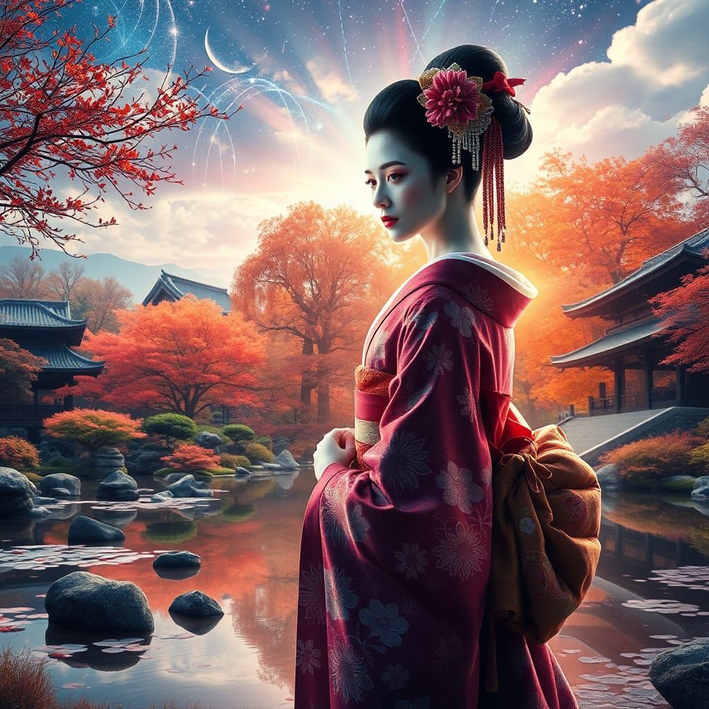 Geisha in Japanese Garden with Autumn Colors
